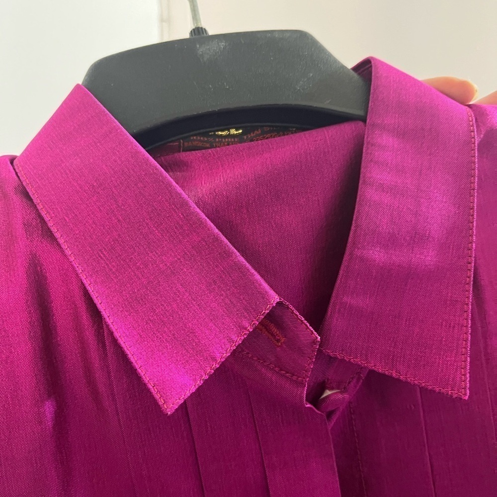 Women's Magenta Thai Silk Button-Up Blouse - Picture 9 of 9